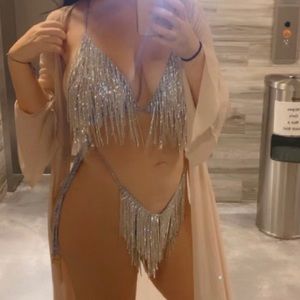 Rhinestone Drip Swimsuit with matching face mask.